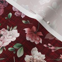 peonies floral on red linen texture