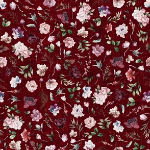 peonies floral on red linen texture