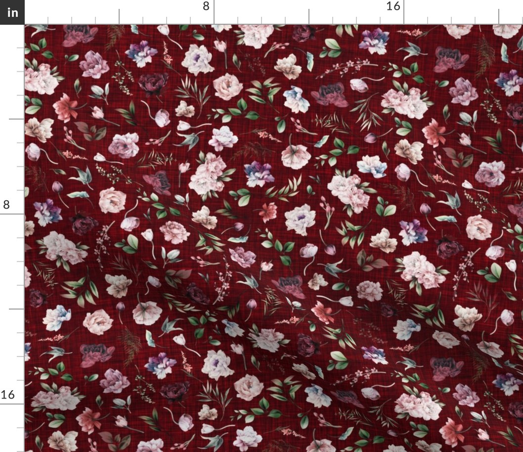 peonies floral on red linen texture