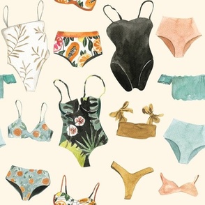 retro summer swim suits bikini on desert ivory