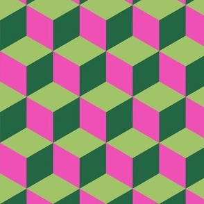 Tumbling Blocks Pattern in Neon Green and Pink at Around 2” Block Size