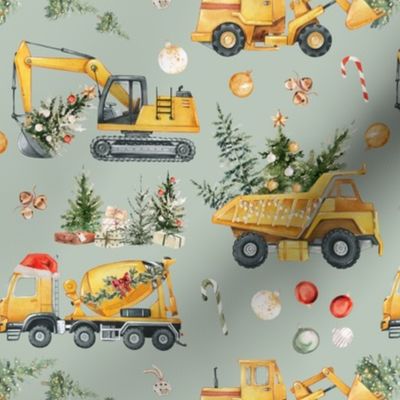 Christmas Construction Trucks - Santa's Little Builders / Sage Gray