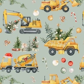 Christmas Construction Trucks - Santa's Little Builders / Sage Gray