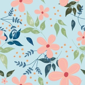 Peach Pink Blooms & Teal Green Leaves on Duck Egg Blue
