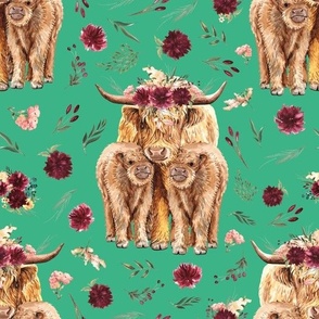 maroon floral highland cow on mint