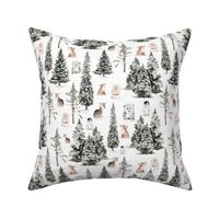 10" Snowy white winter landscape with magical watercolor animals like baby deer, squirrel,fox,penguin,wild cat, and trees covered with snow - for Nursery