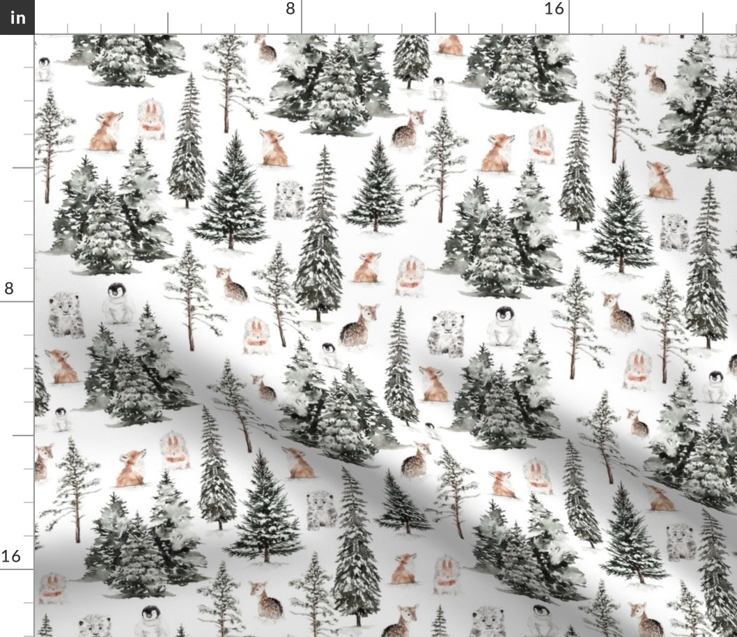 10" Snowy white winter landscape with magical watercolor animals like baby deer, squirrel,fox,penguin,wild cat, and trees covered with snow - for Nursery