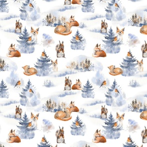 10" Snowy white and blue winter landscape with magical watercolor animals like baby fox,  squirrel,birds, and trees covered with snow - for Nursery