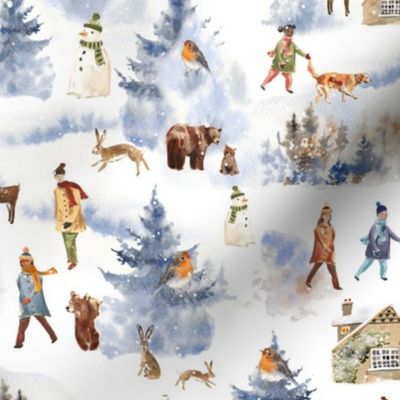 10" Snowy white and blue winter landscape with magical watercolor animals like hare bear deer birds,  happy people, houses and trees covered with snow - for Nursery