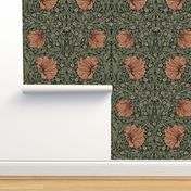 Pimpernel - LARGE - historical reconstructed damask wallpaper by William Morris -  black sage antiqued restored reconstruction  art nouveau art deco background -  ArtsandCraftsMovementSF - Lineneffect  sage/orange