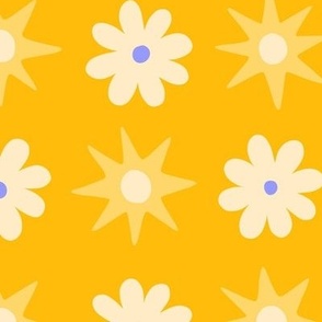 Geometric retro inspired suns & flowers on bright yellow - Large scale