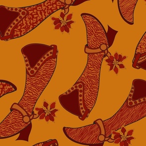 Large Scale Animal Print Boots with Poinsettia Spurs on Hot Orange Background
