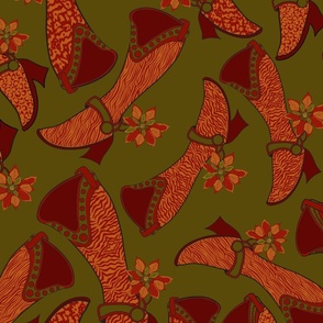 Festive Animal Print Boots with Poinsettia Spurs on Dark Olive Background