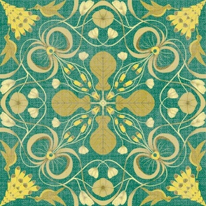 Vintage square symmetrical ornament with bows, flowers and leaves in yellow-green shades