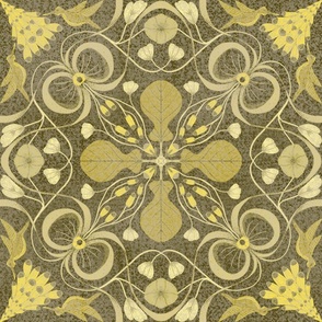 Seamless design with bows, leaves and shawl type flowers with radial symmetry on a gray background