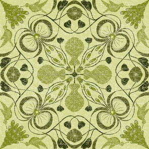 Seamless design with bows, leaves and shawl-type flowers with radial symmetry on a yellow-green background