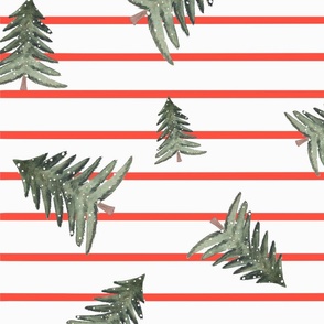 Watercolor Christmas Trees on Red Bold Lines Christmas