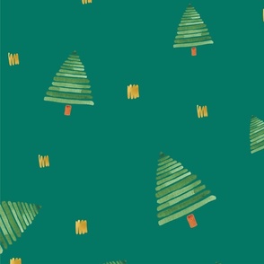 Green with Scattered Christmas Trees and Gold Doodles
