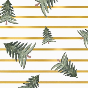 Christmas Trees Scattered on Gold Bold Lines