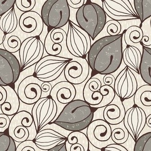 Swirling Buds pattern in brown, cream and grey