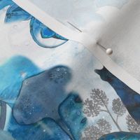 medium - Surrealist blue aesthetic psychodelic wallpaper - elephant _ cat _ bird _ fish _feather _ sea shells _ flowers _ butterfly