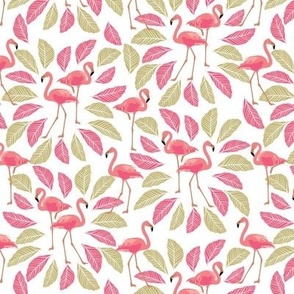 Pink Flamingos and tropical leaves small pattern 