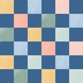 Chalk Checker on dark blue with pink, green and yellow squares - Medium for kids apparel and accessories
