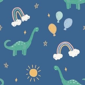Green dinosaurs, rainbows, balloons and suns on dark blue for kids, boys and girls  - Medium