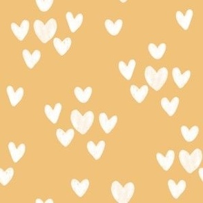 White chalk textured hearts on yellow for valentines, gender neutral scattered hearts for girls dress, nursery wallpaper or  baby clothes - medium