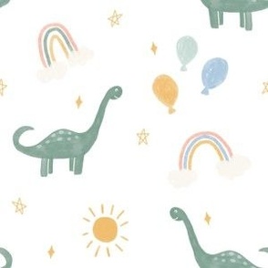 Green dinosaurs, rainbows, balloons and suns on white for kids, boys and girls  - Medium 