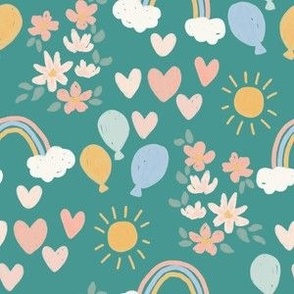 cute pastel chalk art rainbows, balloons, flowers, suns and hearts for kids and baby in pink, blue and yellow on teal green - medium