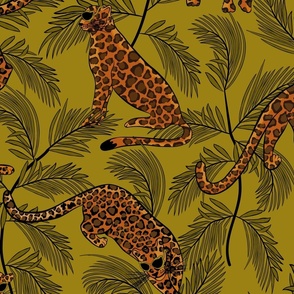 Festive Leopards in Sunglasses on Light Olive Green Background
