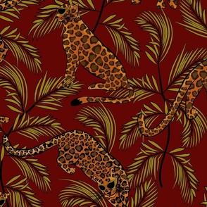 Festive Leopards in Sunglasses on Ruby Red Background