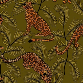 Festive Leopards in Sunglasses on Olive Green Background