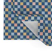 Chalk Checker on dark blue with pink green and yellow squares