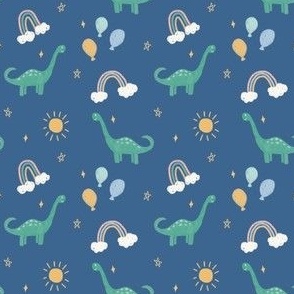 Green dinosaurs, rainbows, balloons and suns on dark blue for kids, boys and girls  - Small