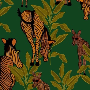 Large Scale Zebras with Sunglasses on Emerald Green Background