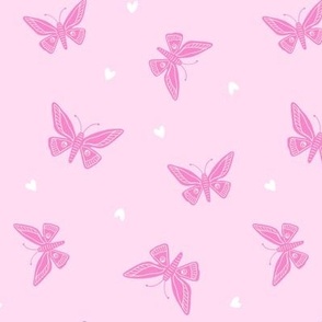 Butterflies and small hearts cyclamen pink on light pink