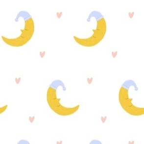 Sweet Dreams Nursery moon with light blue beanie and hearts