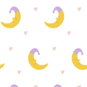 Sweet Dreams Nursery moon with purple beanie and hearts