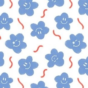 Happy Spring flowers with faces and squiggle lines in denim blue