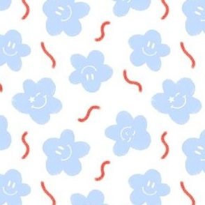 Happy Spring flowers with faces and squiggle lines in soft baby blue