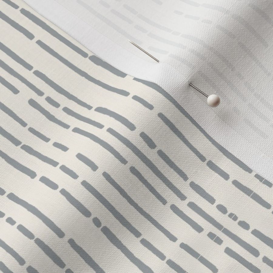 Small Dot and Dash hand drawn broken lines stripe in light cool grey on pale ecru cream