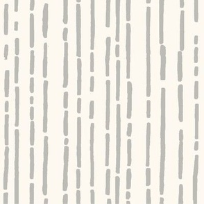 Large Dot and Dash hand drawn broken lines stripe in light warm grey on pale ecru cream