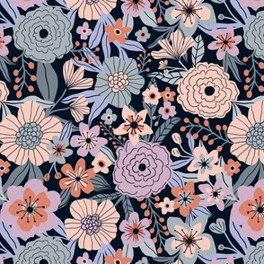 Vintage flower garden - Pastel pink and lilac on blue - Small scale