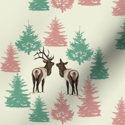 Elk Bull and Doe Pair Christmas with evergreen trees winter scene Husband and Wife