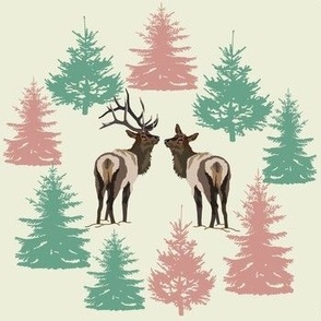 Elk Bull and Doe Pair Christmas with evergreen trees winter scene Husband and Wife