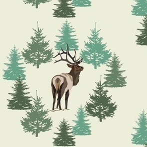 Elk Christmas with evergreen trees winter scene deer