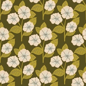 Soft Cream Yellow Primrose Flowers Trio with Broad Artichoke Green Leaves on Taupe Brown Background