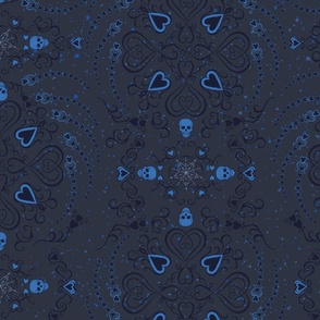 Macabre gothic Halloween design with skulls and hearts in blues and greys "Macabre Heart!